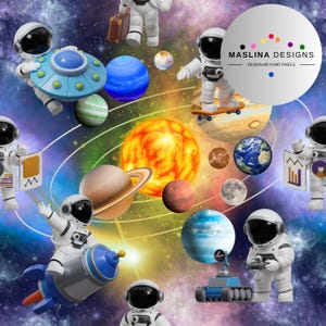 Papel digital infantil con diseño sin costuras de astronautas y planetas, galaxia, espacio exterior, fondo imprimible, tela de sublimación, descarga instantánea