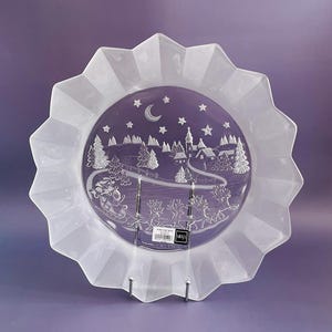 Vintage Mikasa “Silent Night” Frosted Glass Platter – 14&quot; – Etched Santa & Reindeer – In Original Box Made in Germany