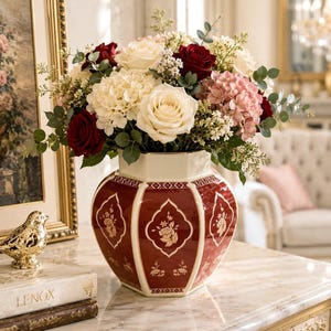 Può includere: Un vaso in ceramica esagonale con smalto rosso intenso, pannelli bianchi e dettagli floreali dorati, riempito con un grande bouquet di rose bianche e rosse, ortensie rosa e foglie di eucalipto verde, su una superficie di marmo.