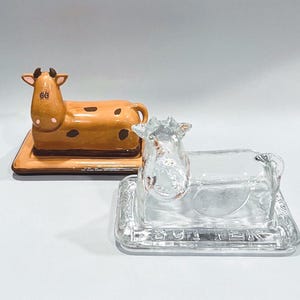 Vintage 1986 Cow Butter Dish: Ceramic or Clear Glass Farmhouse Decor