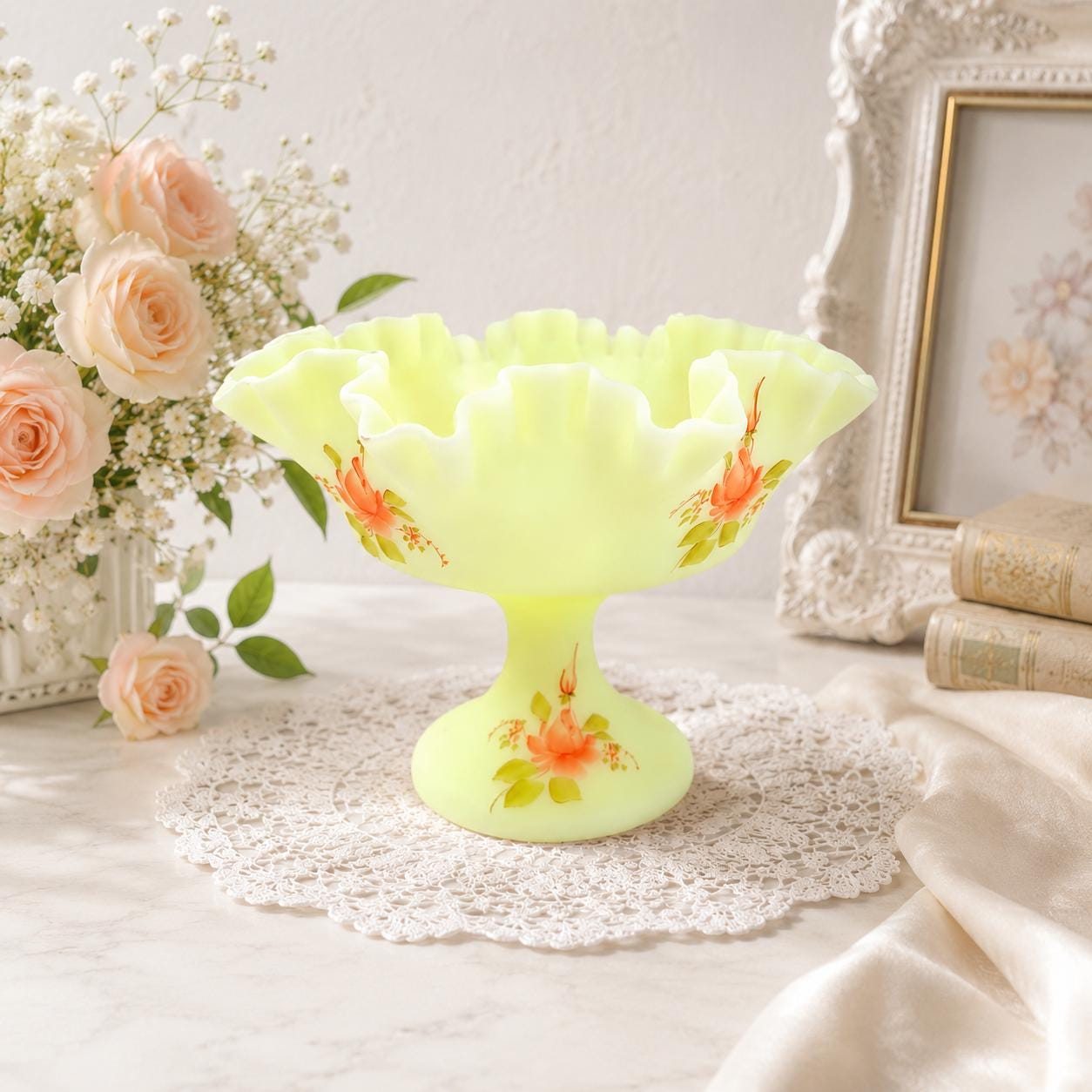【値下げ・美品】アメリカ　フェントン社イエローガラス、コンポート台 Fenton Satin Glass - Etsy