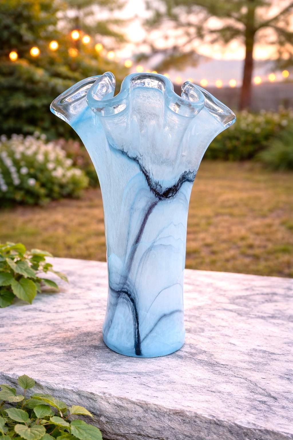 Vintage Murano Art Glass Vase, Blue Black White Swirl, Ruffled Rim