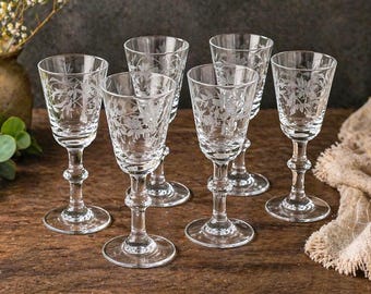 Vintage Etched Crystal Cordial Glasses Set of 6, Floral Cut Glass Stemware 5x2"