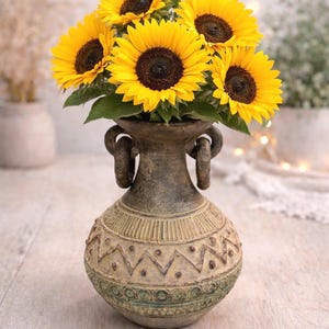 Vintage Rustic Amphora Style Vase Textured Pottery Urn Tribal Decor 10” Tall