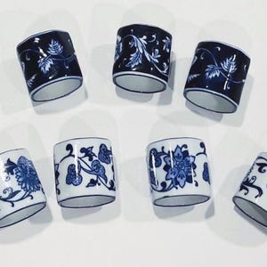 Pier 1 Vintage Blue and White Porcelain Napkin Rings – Set of 7 – Mandarin Floral Design – 1.5&quot; x 1.5&quot;