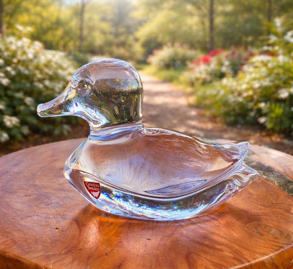 Orrefors Sweden Crystal Duck Figurine Signed Heavy Glass 4x6