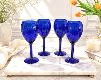 Ensemble de 4 verres à vin en cristal bleu cobalt soufflé à la main - Accessoires de bar vintage Pier 1