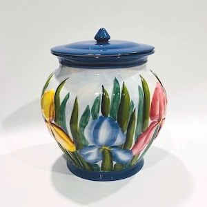 Vintage Hand-Painted Ceramic Cookie Jar – Nonni’s Biscotti Iris Design – Collectible Kitchen Canister – 10&quot; x 8&quot;