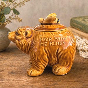 Vintage Bear Honey Pot Ceramic Jar with Bee Lid 3.5x5"