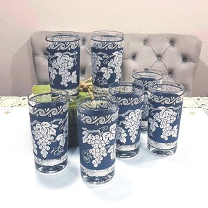 Vintage Hazel Atlas Highball Glasses - Wedgwood Blue Grape & Ivy Design (Set of 7)