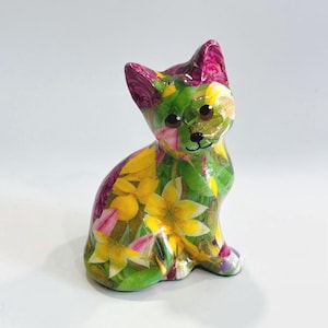 Vintage Ceramic Glazed Decoupage Cat Figurine – Collectible Kitty Home Decor – 5&quot; x 3.25&quot;