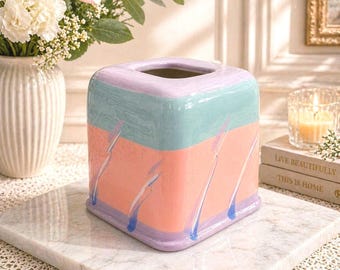 Vintage Hand Painted Tissue Box Cover | Retro 80s 90s Pastel Ceramic Holder