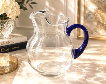 Vintage Libbey Bravura Hand Blown Glass Pitcher, Cobalt Blue Handle, 88 Oz