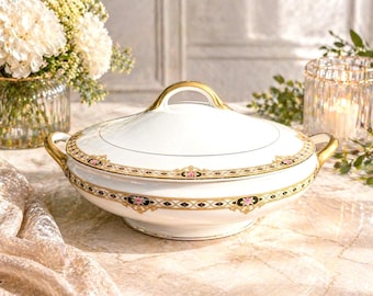Fuente para servir vintage Noritake Ceylon con tapa, asas doradas y borde floral, fabricada en Japón.