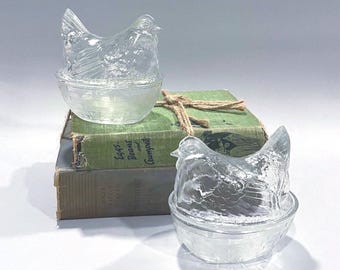 Vintage Pressed Glass Hen on Nest Dishes: Farmhouse Candy Bowls (Set of 2)