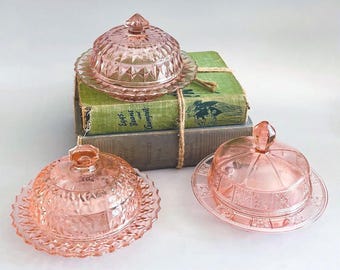 Vintage Pink Depression Glass Butter Dish – Jeannette Holiday, Windsor Diamond