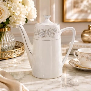 May include: A white porcelain coffee pot featuring a delicate gray floral pattern around the upper body and a matching lid. The pot has a tall, cylindrical shape with a curved handle and a long, slender spout, accented with thin silver trim.