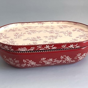 Temp-tations Floral Lace Red Casserole Dish with Lid - 3 Qt Oval Ceramic Bakeware