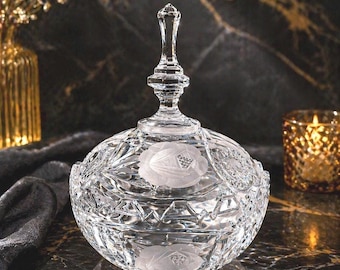 Vintage Hand geschnitten Bleikristall bedeckt Candy Dish geätzt Blumenmuster Deckel Schüssel