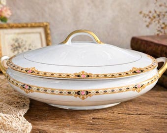 Vintage Noritake Ceylon Oval Covered Serving Dish Gold Handles Floral Rim Japan Tureen Bowl
