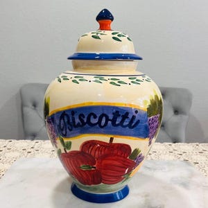 Vintage Hand-Painted Ceramic Biscotti Cookie Jar – Collectible Canister - 13&quot; x 7.5&quot;
