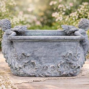 May include: A rectangular, gray planter with sculpted cherubs on each end. The planter features detailed leaf and scrollwork. Ideal for outdoor or indoor use, this decorative piece adds a touch of elegance to any garden or patio.