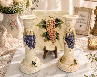 Vintage Hand Painted Candlestick Holders Set with Plate Grapes Cabernet Tabletops Unlimited Decor