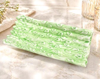 Plato de espárragos de cerámica Bernadette, bandeja de servir de cerámica verde y blanca, decoración de cocina vintage