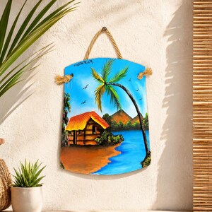 Costa Rica Hand Painted Clay Roof Tile Wall Hanging Tropical Beach Hut Palm Tree