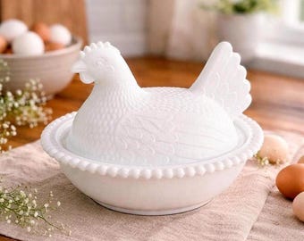 Vintage Indiana Glass weiße Milchglas Henne auf Nest bedeckt Teller Huhn Bauernhaus Dekor