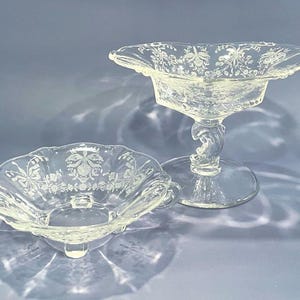 Vintage Heisey Orchid Crystal Candy Dishes - Geätzte Glasschalen mit Fuß