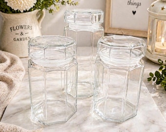 Vintage Luminarc Glass Canister Set: French 1980s Octagonal Kitchen Storage Jars (Set of 3)