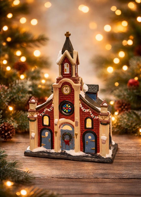 Vintage Hand Painted Ceramic Christmas Village Church House 9.5x6