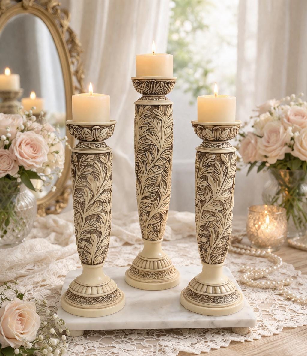 Set of 3 Tall Ornate Resin Candle Holders Ivory Brown Distressed Leaf ...