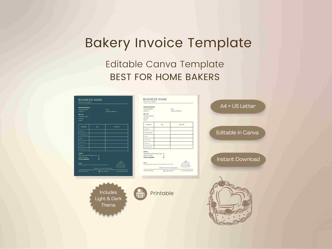 Bakery Invoice Template Canva Editable Cake Business Billing Sheet ...