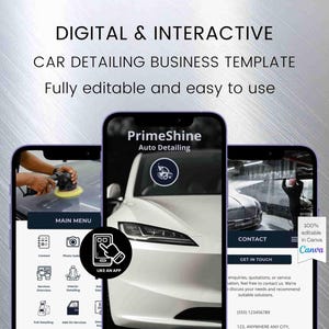 May include: Three smartphones displaying a car detailing business template. The screens show the app's main menu, a car being detailed, and contact information. Text includes "PrimeShine Auto Detailing" and "Fully editable and easy to use."