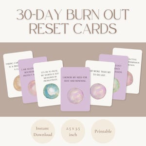 Cartes d'affirmation sur la récupération de l'épuisement professionnel – Jeu de cartes imprimable en 30 jours pour femme | Santé mentale, soins personnels, guérison, repos et réinitialisation PDF