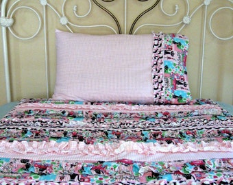 Handmade Flannel Ruffle Quilt and Pillow Sham: Pink Aqua Black Kitty Decor
