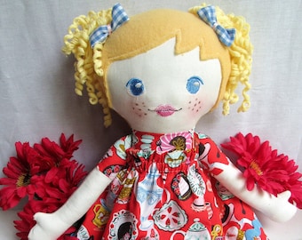 Handmade Rag Doll: 18" Alice in Wonderland Dress, Embroidered Face