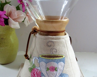 Embroidered Chemex Cozy Set 8 cup wooden collar Retro Coffee & Roses