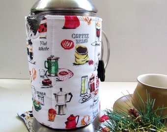 French Press Cozy and Warming pad-Cafetiere Wrap-Coffee Motif-8 cup size Coffee accessory coffee gift