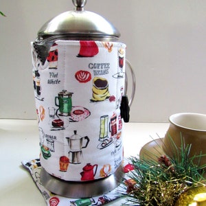 French Press Cozy and Warming pad-Cafetiere Wrap-Coffee Motif-8 cup size Coffee accessory coffee gift image 1