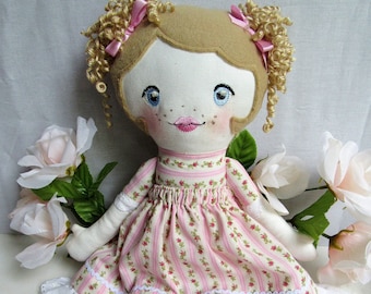Handmade Rag Doll: 18" Pink Floral Dress, Embroidered Face