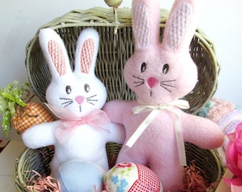 Handmade Mom and Baby Bunny Pink White Soft Cuddly Easter Basket Decor or Toy