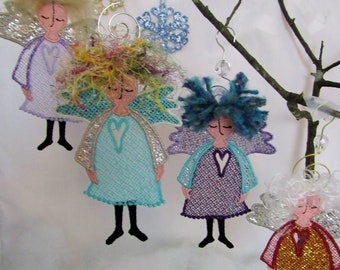 Funky Hair Angel Ornaments  Free Standing Lace Embroidery-Finished item Holiday decor, tree decor, holiday gift ONLY 2 LEFT