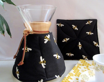 Chemex Cozy Set-Bees on Black and honeycomb-Made to Order Your Size