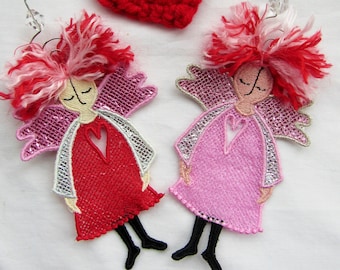 Funky Hair Valentine Angels-Set of 2-free Standing Lace Embroidery-Finished item Valentine decor, Valentine Gift Ready to Ship