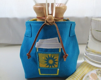 Handcrafted Cozy Sack for Chemex carafe fits 6 & 8 cup size wooden collar-bright blue duck cloth canvas take out coffee applique