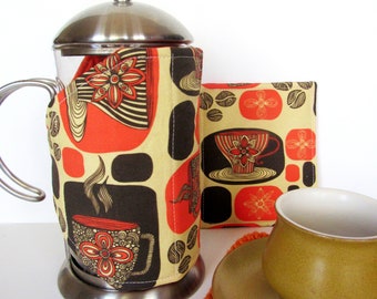 Retro French Press Cozy and Warming pad-Cafetiere Wrap-Spoonflower Linen Cotton Canvas-1970s colors-8 cup size