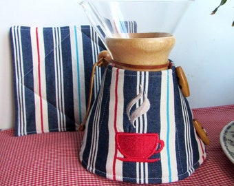 Handcrafted Cozy & Warming Pad for Chemex Carafe- Denim stripe coffee cup embroidery-6 cup size-Chemex Accessory-Chemex gift